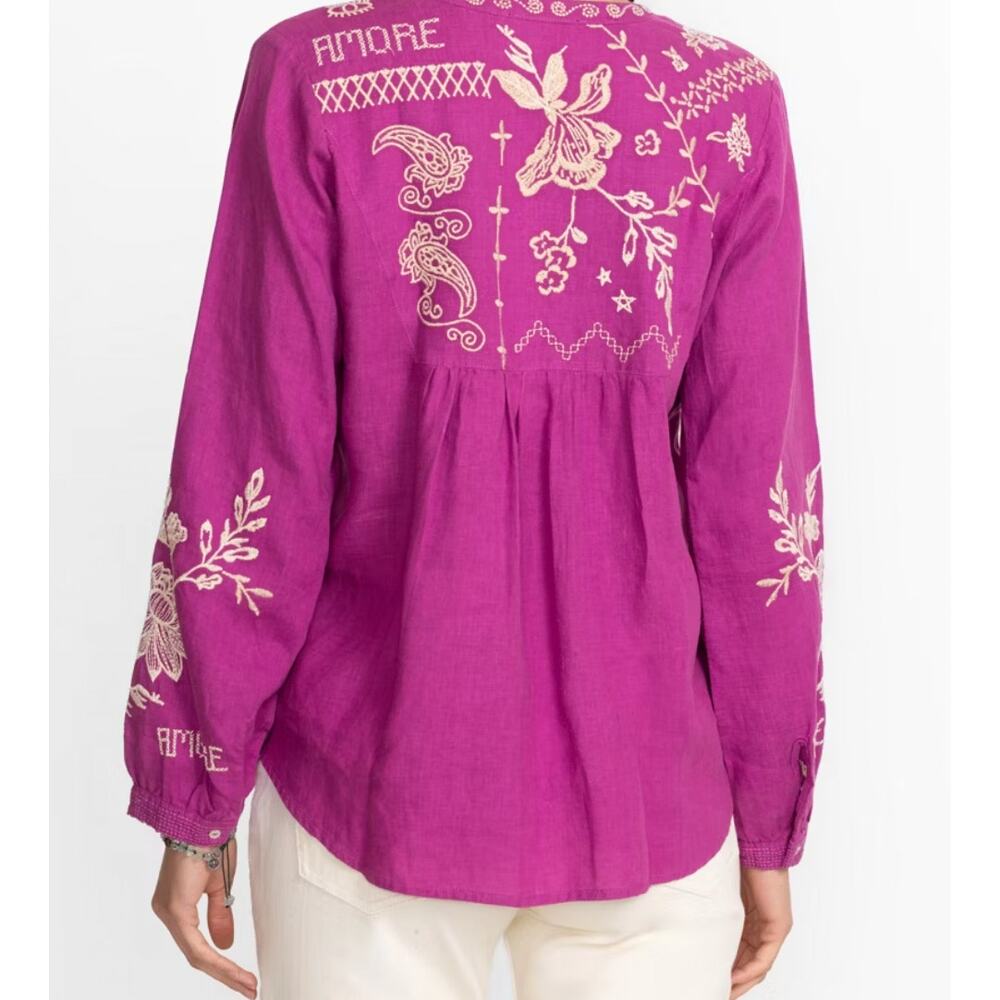 Johnny Was Field Henly Purple Embroidered linen Love Amore Blouse Medium - Picture 4 of 7